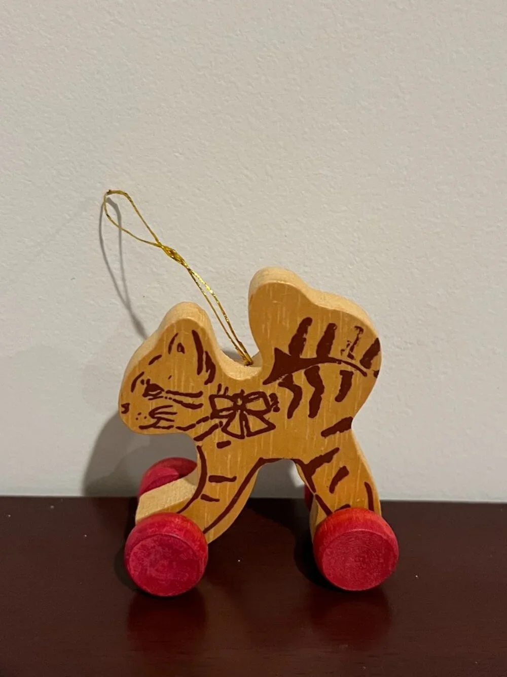 Wooden Cat Christmas Ornament Rolling Wheels Folk Art Primitive Kitty